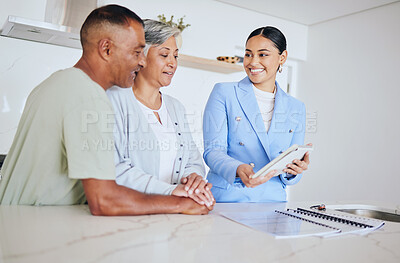 Buy stock photo Senior couple, realtor and tablet in new home, show and presentation with property investment for retirement. Happy elderly woman, man and agent for real estate, documents and negotiation in house