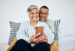 Mature, couple and selfie in bed at home with smile, retirement and happy marriage. House, mobile and social media app for profile picture in bedroom with phone online together and photo on web