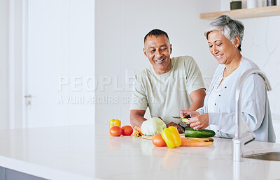 Buy stock photo Space, health and cooking with old couple in kitchen for food, lunch and helping. Wellness, nutrition and diet with senior man and woman cutting vegetables at home for retirement, dinner and mockup