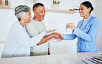 Happy senior couple, realtor and keys to new home for mortgage loan, property or investment together. Excited elderly man and woman with real estate agent for house payment, purchase or retirement