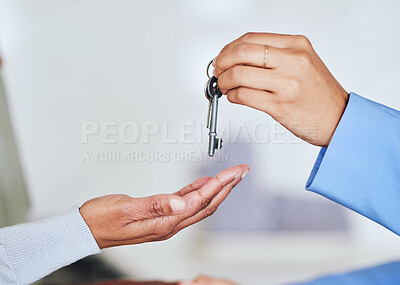 Buy stock photo People, hands and realtor giving keys to new home for mortgage loan, property sale or investment. Closeup of woman customer and real estate agent for house payment, purchase or agreement in deal