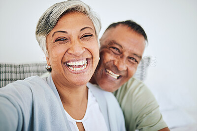 Buy stock photo Happy senior couple, portrait smile and selfie for social media, photography or memory together at home. Excited elderly woman and man in happiness for photo, picture or online post in the bedroom