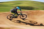 Bicycle, man and cycling in motion blur on dirt path for competition, fast power and off road adventure. Athlete, sports and mountain bike for action, cardio race and speed in performance contest 