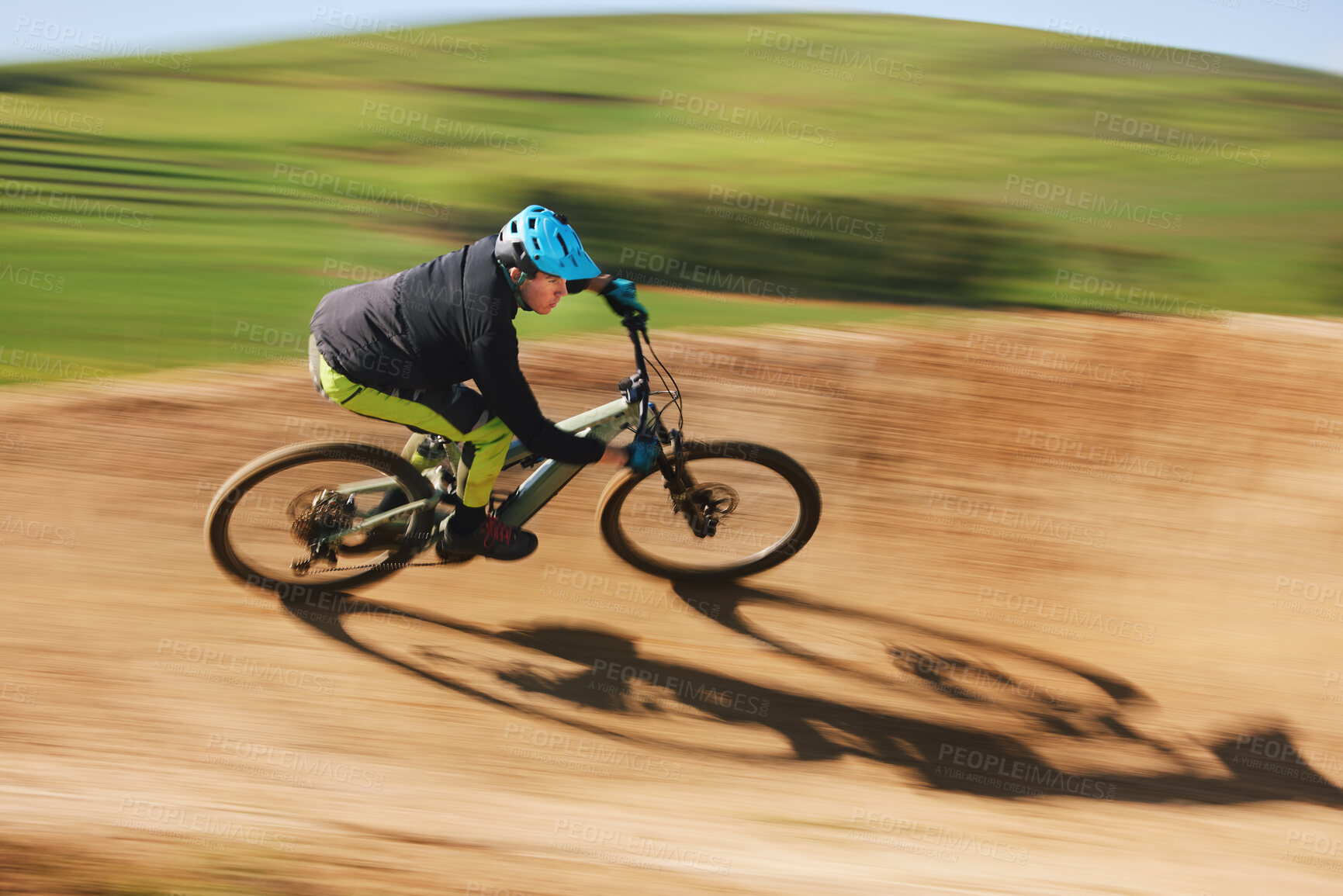 Buy stock photo Bicycle, man and cycling in motion blur on dirt path for competition, fast power and off road adventure. Athlete, sports and mountain bike for action, cardio race and speed in performance contest 