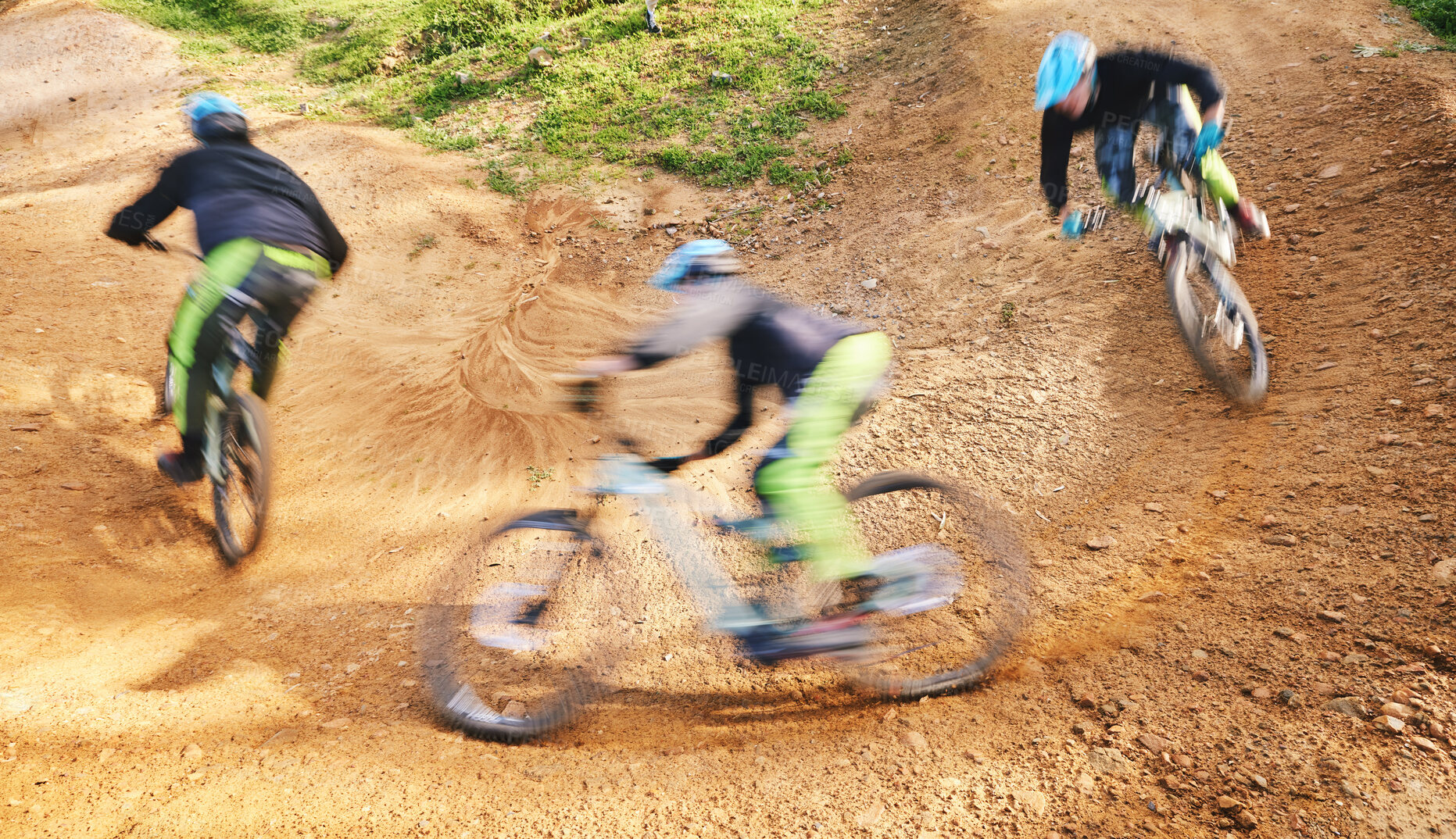 Buy stock photo Cycling, action and blur of man on bicycle for adrenaline on adventure, freedom and ride for speed. Mountain bike, sports and cyclist for training, exercise and fitness on dirt road, trail and track