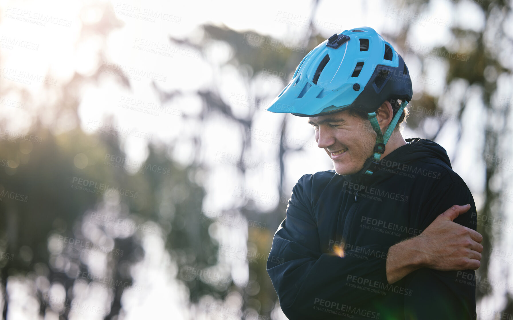 Buy stock photo Man, cycling and outdoor with shoulder pain and injury from fitness and mountain exercise training. Athlete, arm muscle and sport accident fail with a person in nature for workout with problem