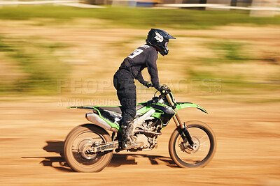 Buy stock photo Off road, motorcycle and man in the countryside for fitness, adrenaline and speed training outdoor. Sports, bike and male driver on motorbike with freedom, performance and moto hobby stunt in nature