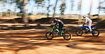 Race, motorcycle and extreme sports, fast men with speed for practice and training for action adventure. Professional dirt biking, motion and off road motorbike competition, performance and challenge
