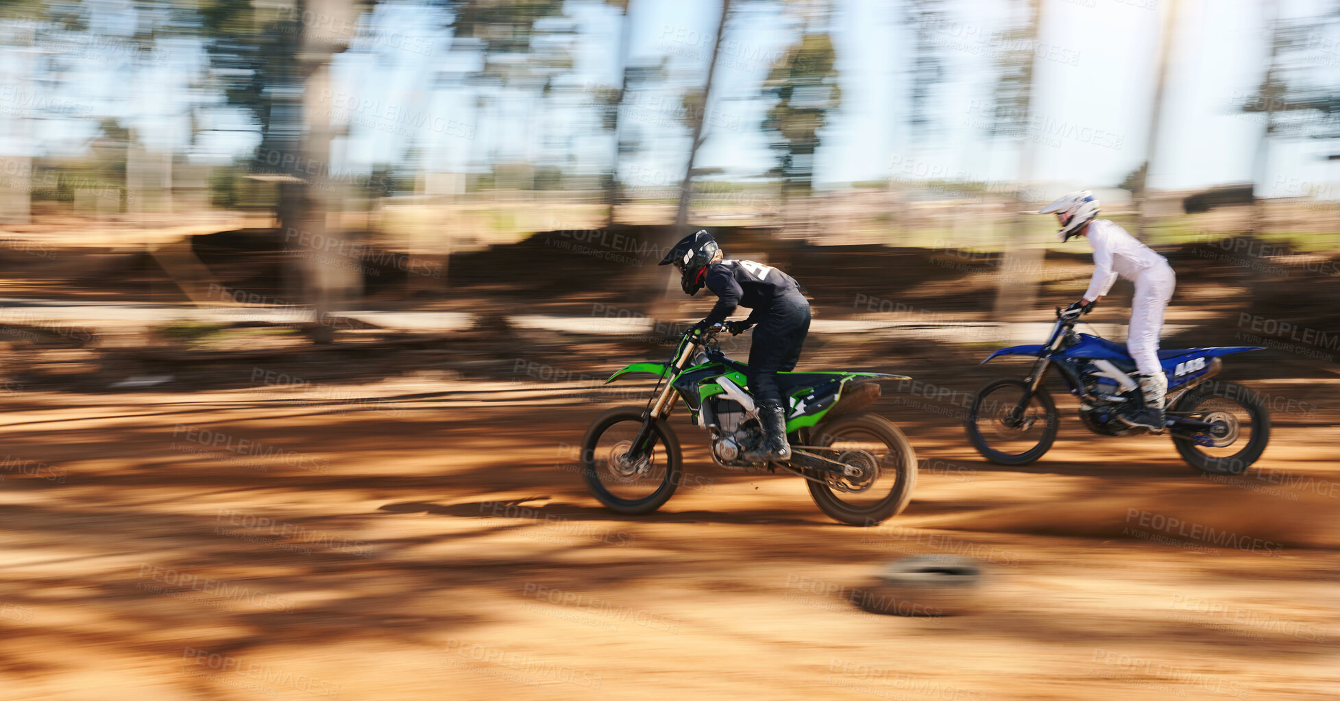 Buy stock photo Race, motorcycle and extreme sports, fast men with speed for practice and training for action adventure. Professional dirt biking, motion and off road motorbike competition, performance and challenge