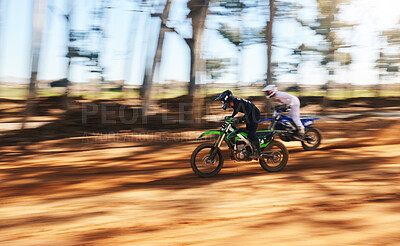 Buy stock photo Race, motorbike and sports, men with speed for practice and training in fast adventure. Professional dirt biking, motion blur and off road motorcycle competition, performance and challenge in woods.