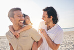 Happy, piggyback and lgbt family at the beach for love, care and a vacation in summer. Smile, nature and gay parents laughing with a child at the sea during a holiday for bonding, comedy or travel