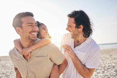 Buy stock photo Happy, piggyback and lgbt family at the beach for love, care and a vacation in summer. Smile, nature and gay parents laughing with a child at the sea during a holiday for bonding, comedy or travel