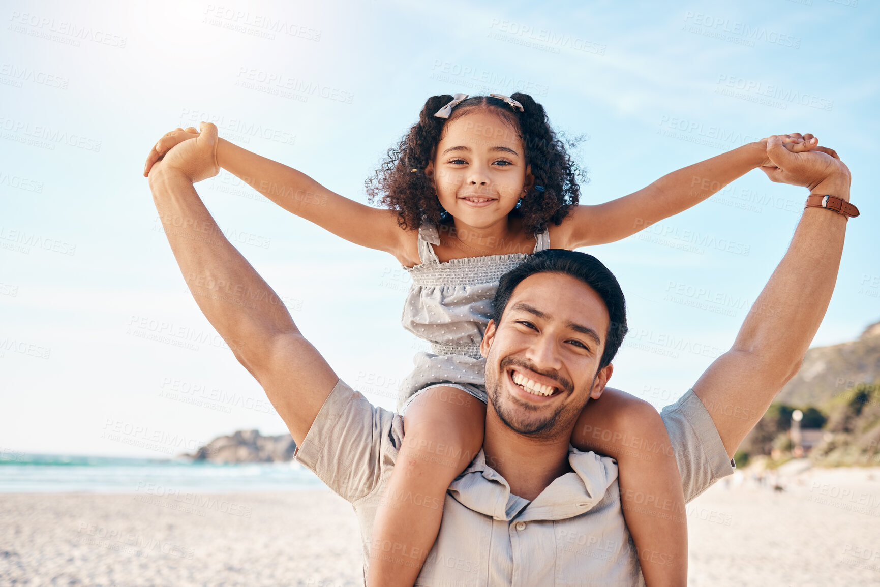 Buy stock photo Airplane, portrait and father with girl at beach for travel, freedom or summer family vacation together with fun. Flying, love and man parent with kid at sea for piggyback, games or happy Cancun trip