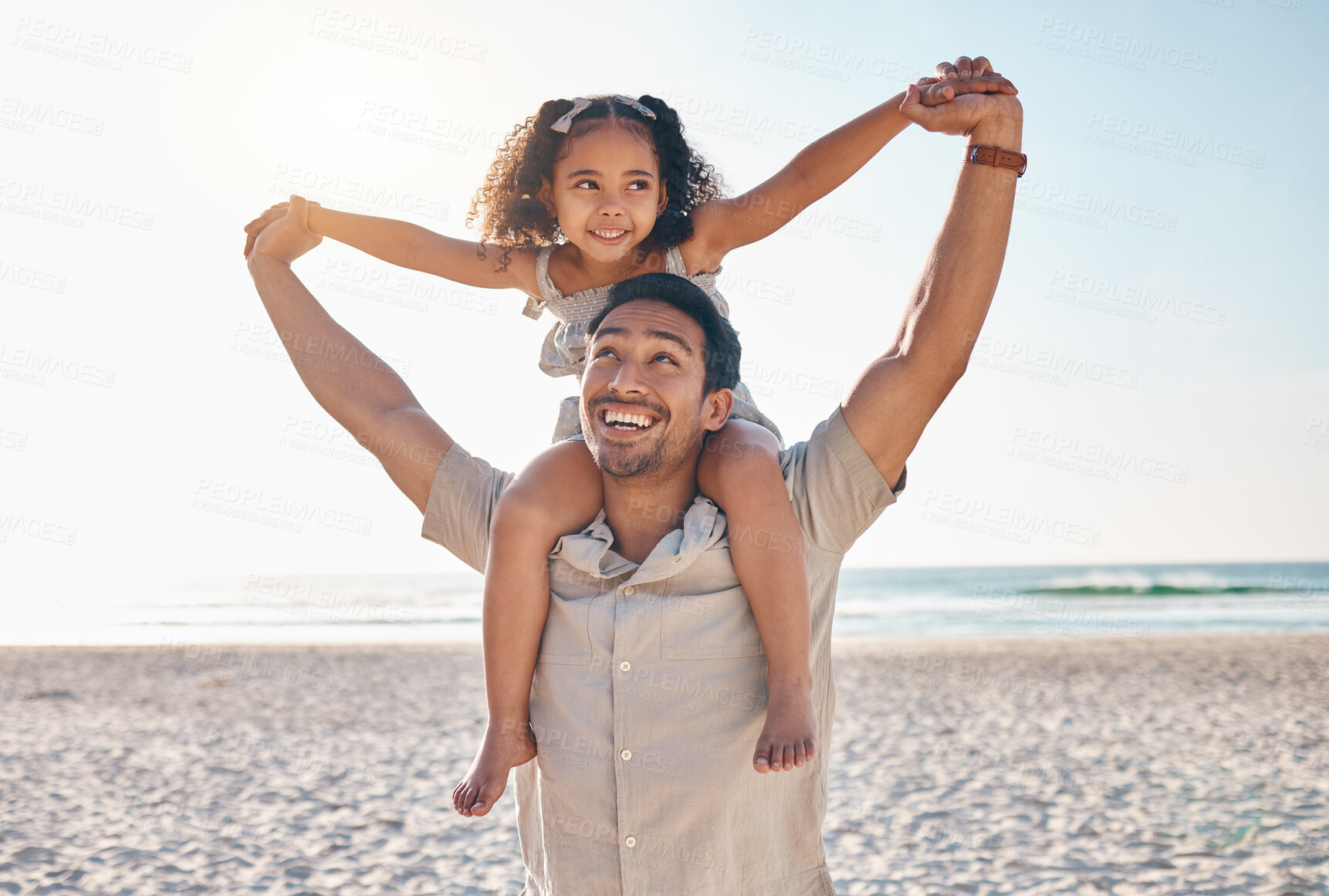 Buy stock photo Airplane, love and father with girl at beach for travel, freedom or happy family vacation in summer with fun. Flying, care and man parent with kid at sea for piggyback, games or traveling in Cancun