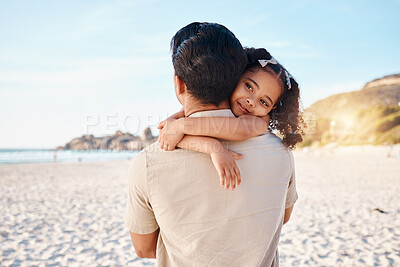 Buy stock photo Portrait of child, hug or father by ocean in Rio de Janeiro, Brazil with support, care or love in summer. Back, parent or dad with kid at sea to enjoy family bonding together in nature by beach sand