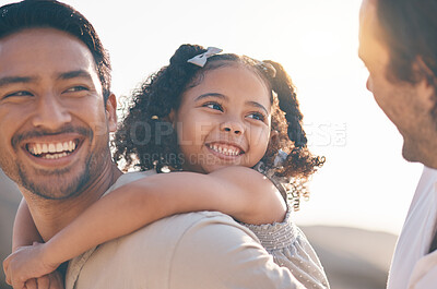 Buy stock photo Gay couple, happy and piggyback with family at beach for seaside holiday, support and travel. Summer, vacation and love with men and child in nature for lgbtq, happiness and bonding together