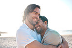 Love, hug and gay couple on beach, smile and laugh on summer vacation together in Thailand. Sunshine, ocean and island, happy lgbt men embrace in nature for on fun holiday with pride, sea and sand.