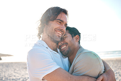 Buy stock photo Love, hug and gay couple on beach, smile and laugh on summer vacation together in Thailand. Sunshine, ocean and island, happy lgbt men embrace in nature for on fun holiday with pride, sea and sand.