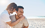 Love, laugh and gay couple, men on beach with hug and smile on summer vacation together in Thailand. Sun, ocean and mockup, happy lgbt people embrace in nature for on holiday with pride, sea and fun.
