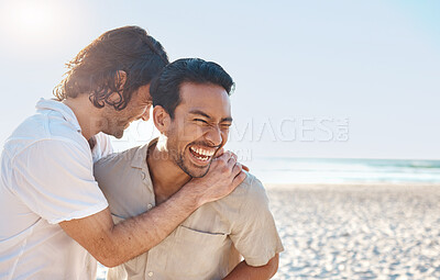 Buy stock photo Love, laugh and gay couple, men on beach with hug and smile on summer vacation together in Thailand. Sun, ocean and mockup, happy lgbt people embrace in nature for on holiday with pride, sea and fun.