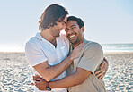 Love, hug and gay men on beach, smile and laugh on summer vacation together in Thailand. Sunshine, ocean and island, happy lgbt couple embrace in nature for on fun holiday with pride, sea and sand.