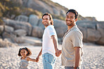 Gay couple, portrait and holding hands with family at beach for seaside holiday, support and travel. Summer, vacation and love with men and child in nature for lgbtq, happiness and bonding together
