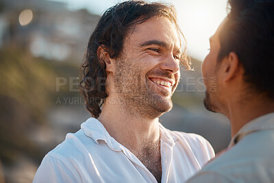 Buy stock photo Love, smile and gay couple, men hug and laugh on romantic summer vacation together in Thailand. Sun, care and island, happy interracial lgbt people embrace in nature on fun outdoor holiday with pride
