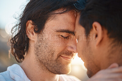 Buy stock photo Love, embrace and gay couple, men at sunset with hug and smile on summer vacation together in Thailand. Sunshine, nature and romance, happy lgbt people on fun holiday with pride, relax and freedom.