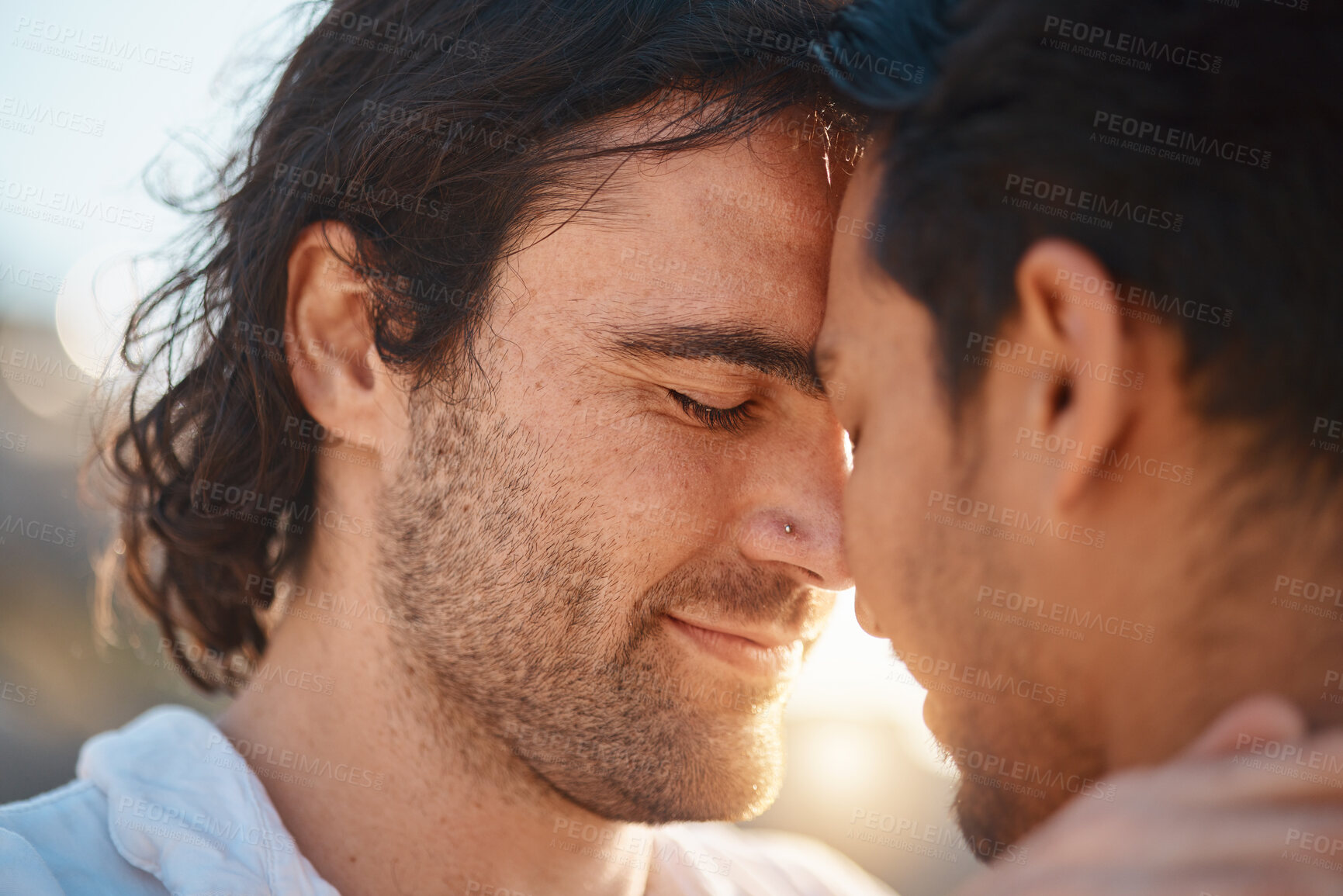 Buy stock photo Love, embrace and gay couple, men at sunset with hug and smile on summer vacation together in Thailand. Sunshine, nature and romance, happy lgbt people on fun holiday with pride, relax and freedom.