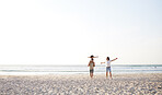 Beach, LGBT and walking kid, happy family and enjoy fun time playing on travel vacation, holiday or nature freedom. Sea water, mockup sky and gay couple, people or parents bonding with adoption child