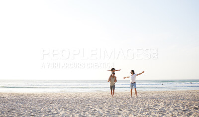 Buy stock photo Beach, LGBT and playing kid, happy family and enjoy fun time walking on travel vacation, holiday or nature freedom. Sea water, mockup sky and gay couple, people or parents bonding with adoption child
