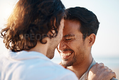 Buy stock photo Love, sunshine and gay men on beach, embrace and laugh on summer vacation together in Thailand. Sunshine, ocean and island, happy lgbt couple hug in nature on fun holiday with pride, sea and smile.