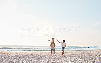 Buy stock photo Beach, LGBTQ and walking child, happy family and fathers enjoy fun summer time, ocean vacation and nature freedom. Love, mockup sky and homosexual couple bonding with adoption kid on shoulders of dad
