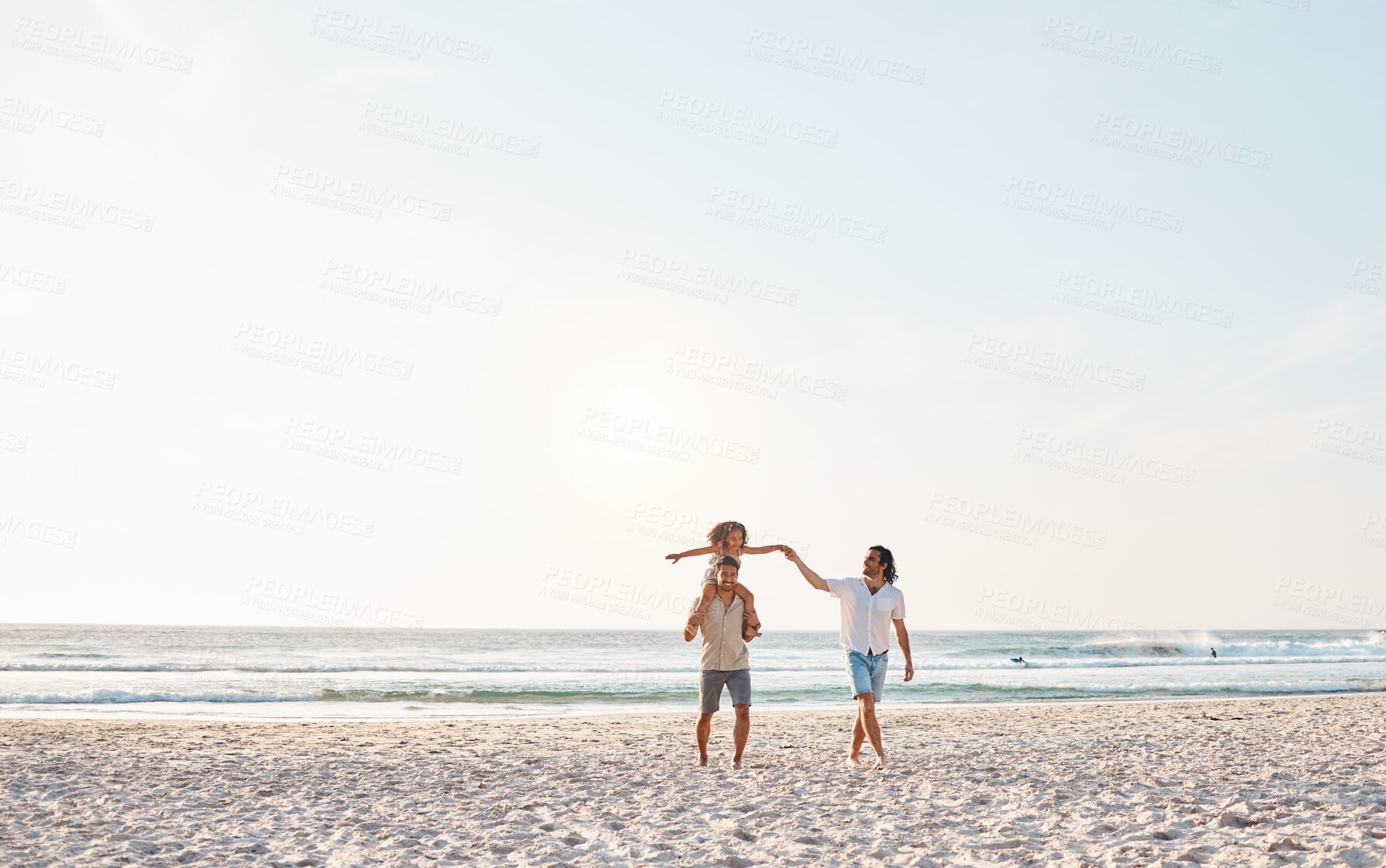 Buy stock photo Beach, LGBTQ and walking child, happy family and fathers enjoy fun summer time, ocean vacation and nature freedom. Love, mockup sky and homosexual couple bonding with adoption kid on shoulders of dad