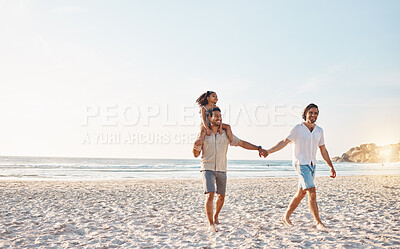 Buy stock photo Lgbt parents on beach, men and child holding hands in summer, walking and island holiday together. Love, happiness and sun, gay couple on tropical ocean vacation with daughter on piggy back mockup.