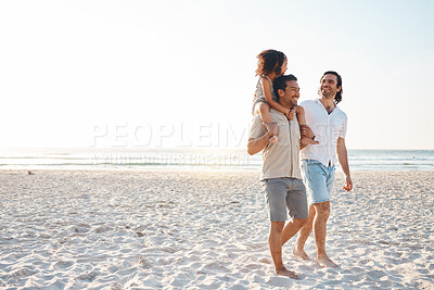 Buy stock photo Gay couple, space and piggyback with family at beach for seaside holiday, support and travel mockup. Summer, vacation and love with men and child in nature for lgbtq, happiness and bonding together