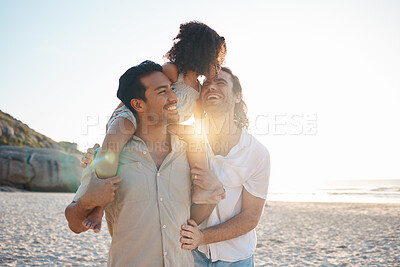 Buy stock photo LGBT, beach child and family laughing at conversation joke, holiday humour or enjoy funny time together in Canada. Love bond, nature comedy or gay parents walking with adoption kid on dad's shoulders