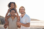 Gay couple, portrait and piggyback with family at beach for seaside holiday, support and travel mockup. Summer, vacation and love with men and child in nature for lgbtq, happy and bonding together