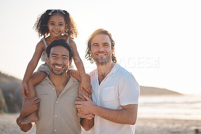 Buy stock photo Gay couple, portrait and piggyback with family at beach for seaside holiday, support and travel mockup. Summer, vacation and love with men and child in nature for lgbtq, happy and bonding together