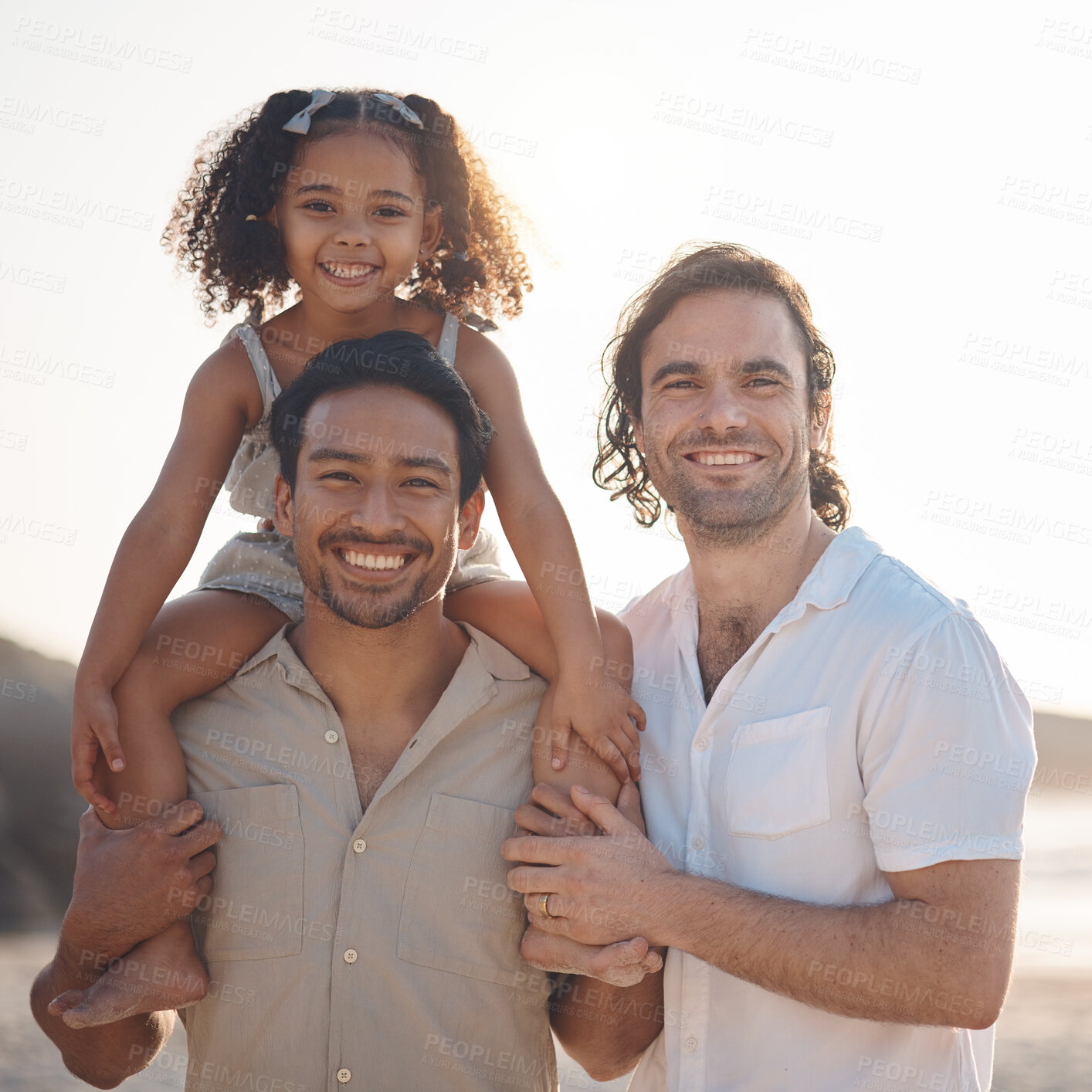 Buy stock photo Gay couple, portrait and smile with family at beach for seaside holiday, support and travel. Summer, vacation and love with men and child in nature for lgbtq, happiness and bonding together