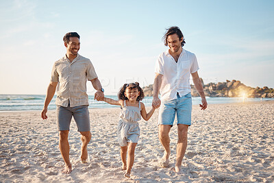 Buy stock photo Gay couple, summer and holding hands with family at beach for seaside holiday, support and travel. Relax, vacation and love with men and child in nature for lgbtq, happiness and bonding together