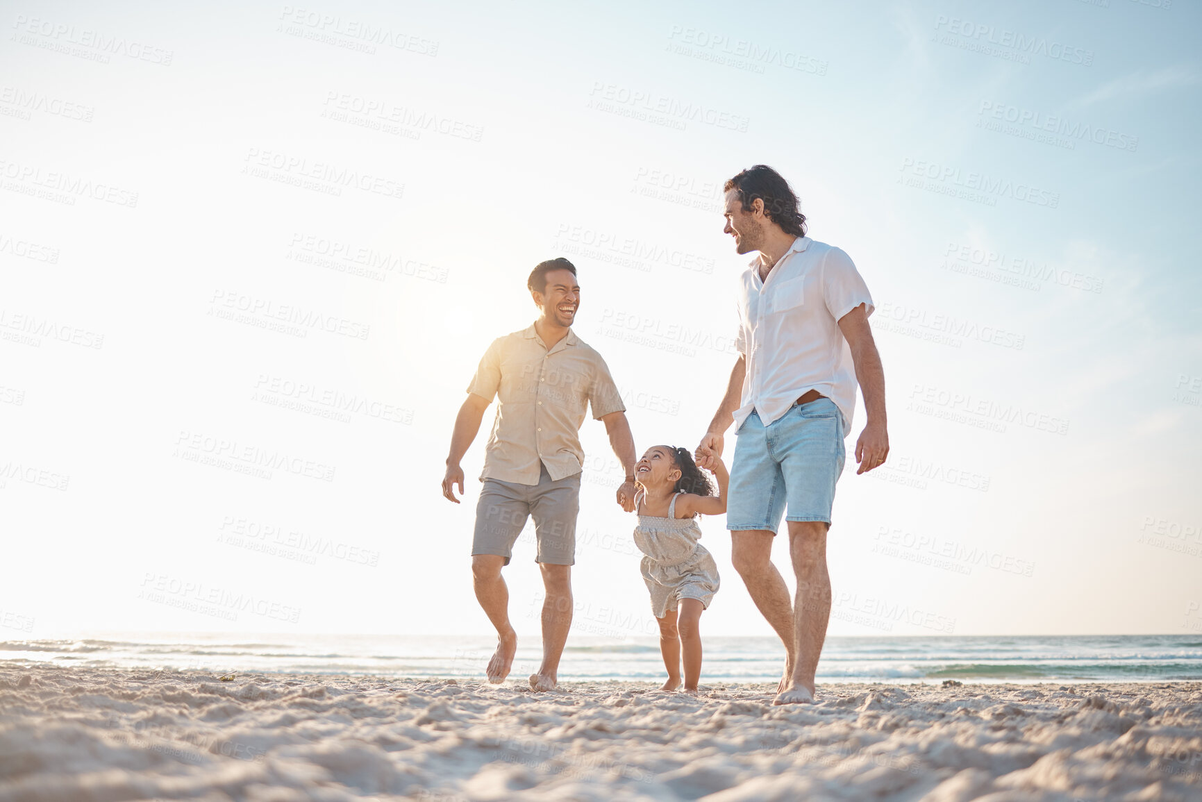Buy stock photo Gay couple, travel and holding hands with family at beach for seaside holiday, support and mockup. Summer, vacation and love with men and child in nature for lgbtq, happiness and bonding together