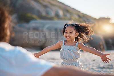 Buy stock photo Child, running or father hug by ocean to play a game in Rio de Janeiro in Brazil with support, care or love. Smile, parent or happy kid at sea to enjoy family bonding together in nature on beach sand