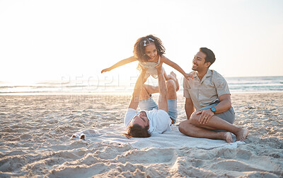 Buy stock photo Lgbt family on beach, men with child and flying game on blanket for island holiday together in Hawaii. Love, play and sun, happy gay couple on tropical ocean vacation and parents with girl on sand.