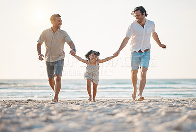 Buy stock photo Gay couple, running and holding hands with family at beach for seaside holiday, support and travel. Summer, vacation and love with men and child in nature for lgbtq, happiness and bonding together