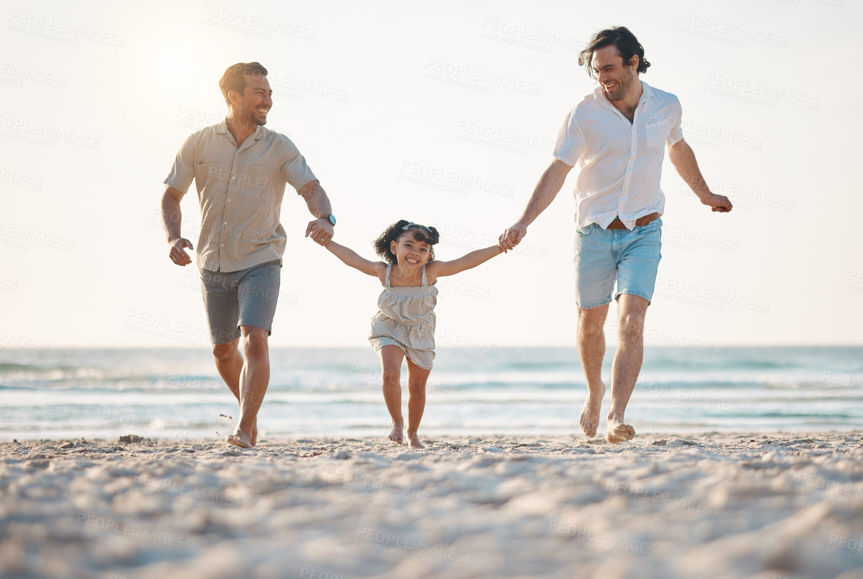 Buy stock photo Gay couple, running and holding hands with family at beach for seaside holiday, support and travel. Summer, vacation and love with men and child in nature for lgbtq, happiness and bonding together