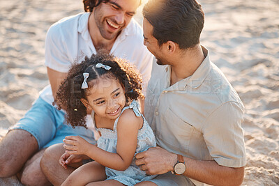 Buy stock photo Gay men, father and girl at beach with love, bonding and care for vacation, laughing and outdoor in sunshine. LGBT couple, young daughter and adoption for family, holiday and happy together in summer