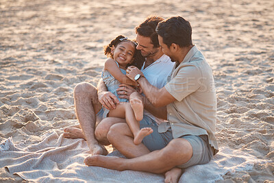 Buy stock photo Gay couple on beach, playing with child and family on holiday picnic together with games and laughing. Love, happiness and sun, lgbt parents on tropical ocean vacation with daughter on island sand.