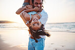 Beach, portrait and father play with girl on holiday, vacation and adventure at sunset. Happy family, summer and child laughing with dad by ocean for bonding, healthy relationship and fun outdoors