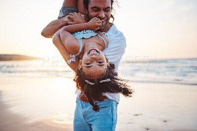 Buy stock photo Beach, portrait and father play with girl on holiday, vacation and adventure at sunset. Happy family, summer and child laughing with dad by ocean for bonding, healthy relationship and fun outdoors